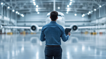 man in hangar observes aircraft with tablet in hand