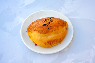 Turkish pastry product , tasty pogaca, acma . Simit, gevrek. Turkish Pastries; peynirli, patatesli, kasarli pogaca, sosili acma, dereotlu pogaca,  borek, acma, ay coregi at patisserie showcase.