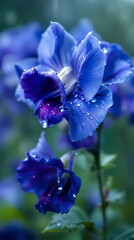 Macro Close-up of Vibrant Blue Flowers with Water Droplets - Fresh Dew Drops on Delicate Petals - Beautiful Natural Garden Bloom - Floral Photography for Backgrounds, Wall Art, wallpaper
