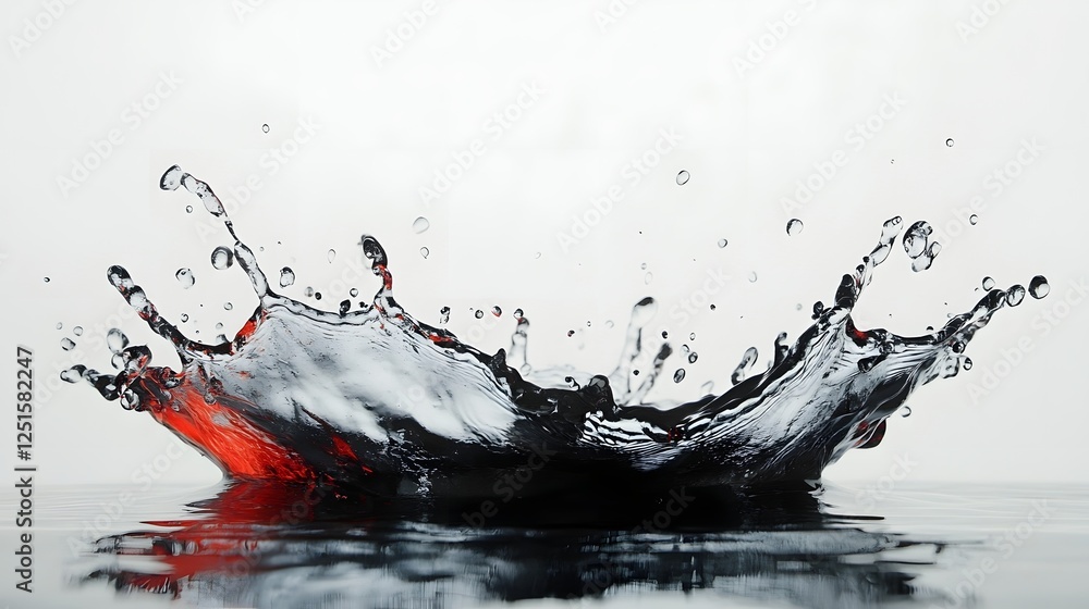 Poster Dynamic splash of vibrant red liquid creating a dramatic abstract pattern on a white background