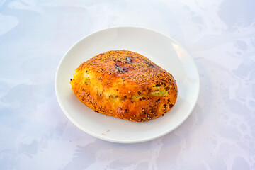 Turkish pastry product , tasty pogaca, acma . Simit, gevrek. Turkish Pastries; peynirli, patatesli, kasarli pogaca, sosili acma, dereotlu pogaca,  borek, acma, ay coregi at patisserie showcase.