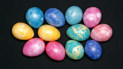 Colorful Decorative Easter Eggs Arranged On Black Surface Celebrating Spring Season.