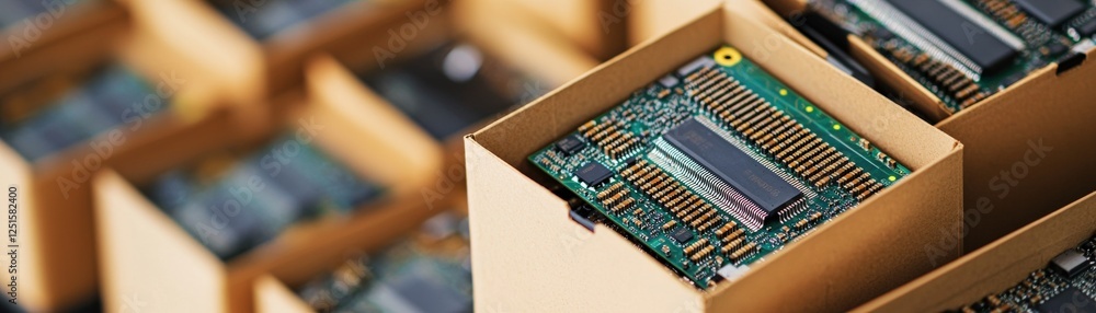 Poster a close-up of a circuit board placed inside a cardboard box, surrounded by more boxes containing sim