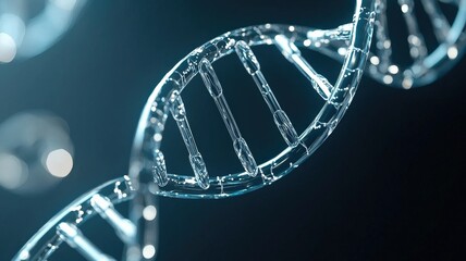 A close-up view of a DNA double helix structure, showcasing its intricate design and molecular details against a dark background.