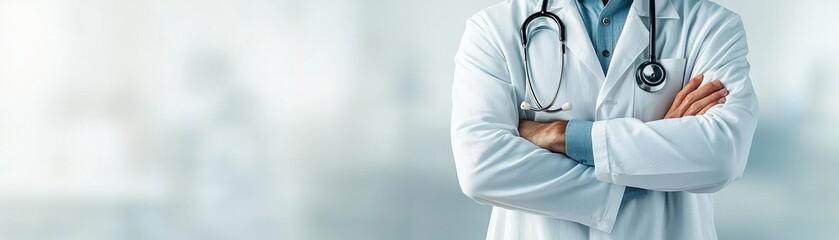 A medical professional in a lab coat crosses their arms, symbolizing confidence and expertise in a healthcare setting.