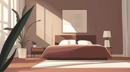 Modern bedroom interior with furniture. Empty bedroom concept. Flat illustration, graphic design. Family bedroom in light pastel color. Sun rays from the window