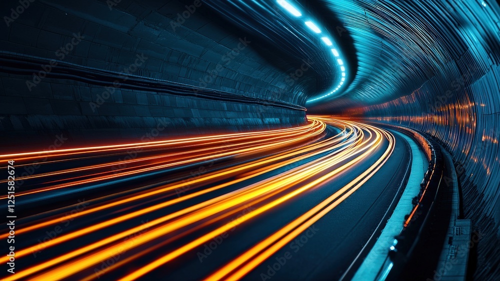 Poster a dynamic shot of light trails in a tunnel, showcasing vibrant colors and motion, creating a sense o