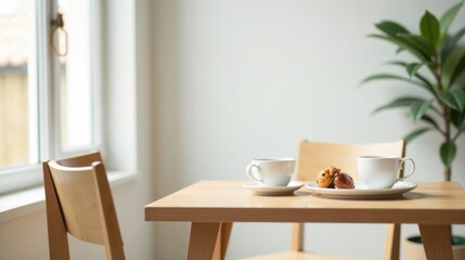 Fototapeta premium Tranquil morning tea break with delicate pastries at a simple wooden table near a bright window