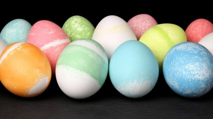 Obraz premium Colorful Decorative Eggs Grouped Against Black Background in a Row Pattern For Celebration.
