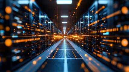 A futuristic data center corridor featuring rows of servers with glowing lights, showcasing technology and digital infrastructure.