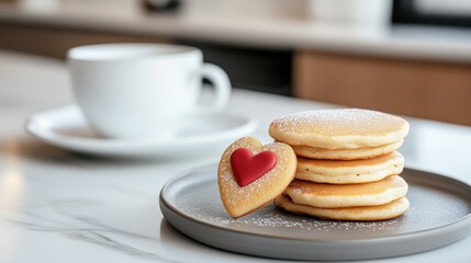 galentines day breakfast, heart-shaped cookies, mini pancake stacks, and a coffee bar set up for a cozy galentines day brunch in a rustic kitchen