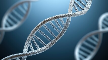 A close-up view of a DNA double helix structure, showcasing its intricate design and molecular details against a blue background.