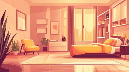 Modern bedroom interior with furniture. Empty bedroom concept. Flat illustration, graphic design. Family bedroom in light pastel color. Sun rays from the window