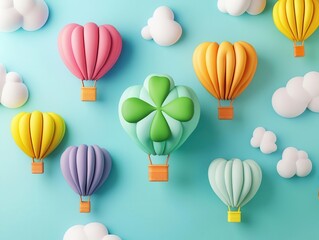 A cheerful design featuring colorful hot air balloons shaped like clovers, floating over a rainbowfilled sky