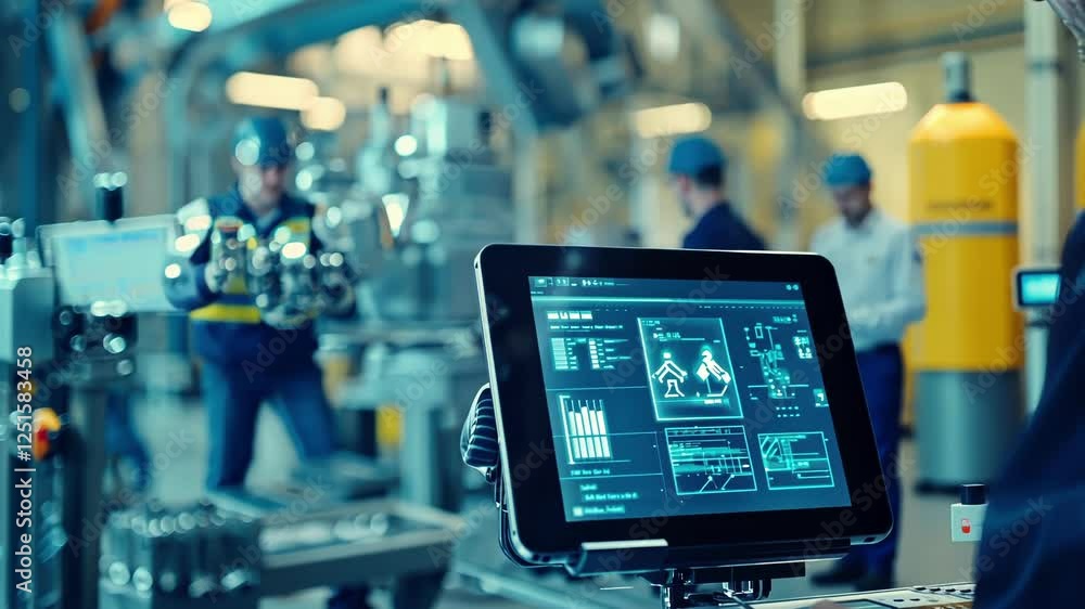 Poster industrial engineer working in factory using a digital tablet to control robotic arm, monitoring dat