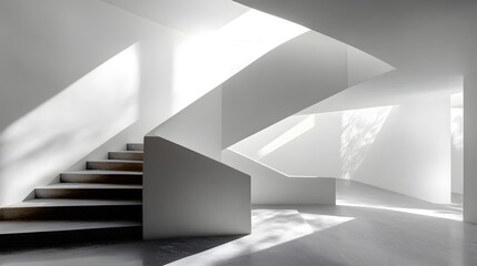 Fototapeta premium Minimalist interior with staircase and natural light creating shadows in a modern building