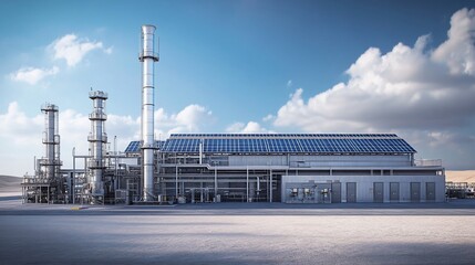 Obraz premium Modern industrial facility with solar panels in a desert environment.