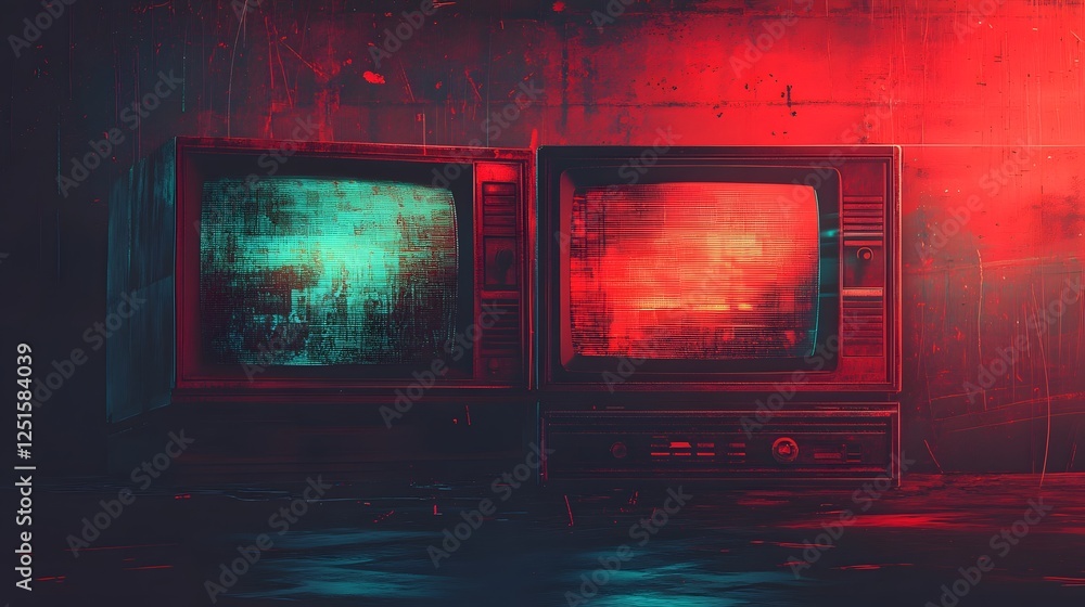 Poster Eerie glitched and distorted retro CRT television screens in a dark moody and atmospheric setting with vibrant red orange green and blue colors creating a surreal conceptual