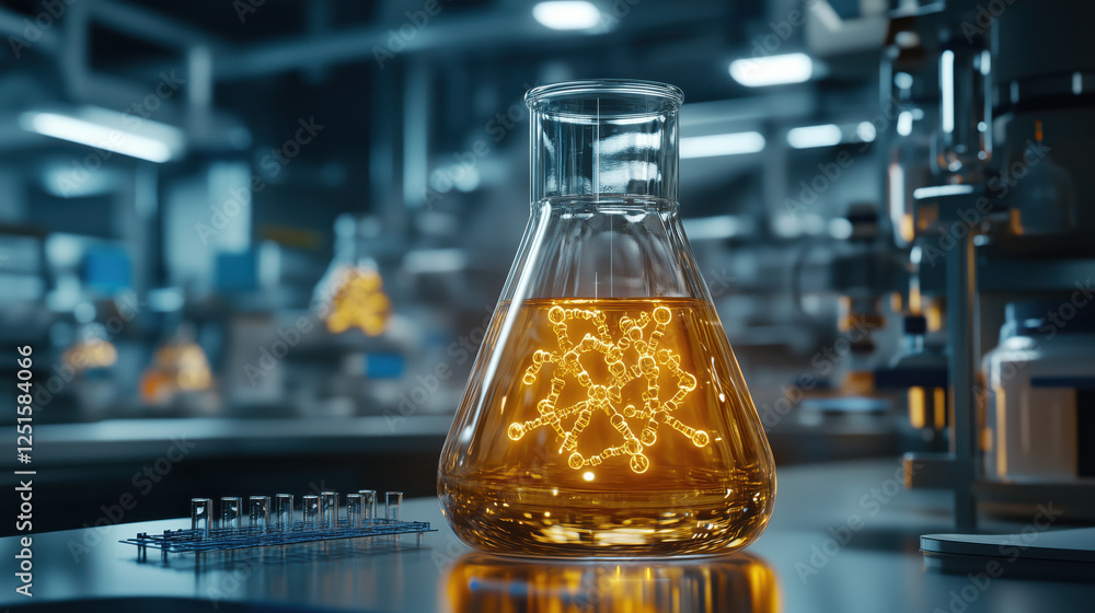 Poster futuristic scientific lab with glowing flask showcasing molecular structures
