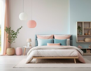 modern white bedroom interior design with pastel colored accents minimal style