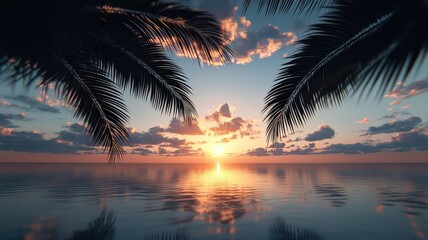 Obraz premium A serene sunset over calm waters, framed by palm leaves, creating a tranquil and picturesque tropical scene.