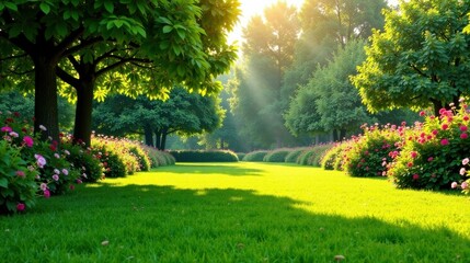 Fototapeta premium Serene Garden Pathway Sunlit Meadow, Lush Greenery, and Vibrant Blossoms Frame a Tranquil Walkway