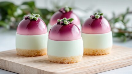 easter dessert presentation, stylishly presented mini cheesecakes on a wooden board, set in a bright, modern kitchen with seasonal pastels and fresh greenery