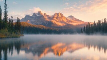 Fototapeta premium A magical sunrise over a serene mountain lake, where soft mist hovers above the water, and the towering peaks glow in warm golden hues