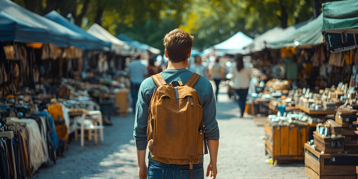Exploring weekend flea market with backpack, vibrant atmosphere