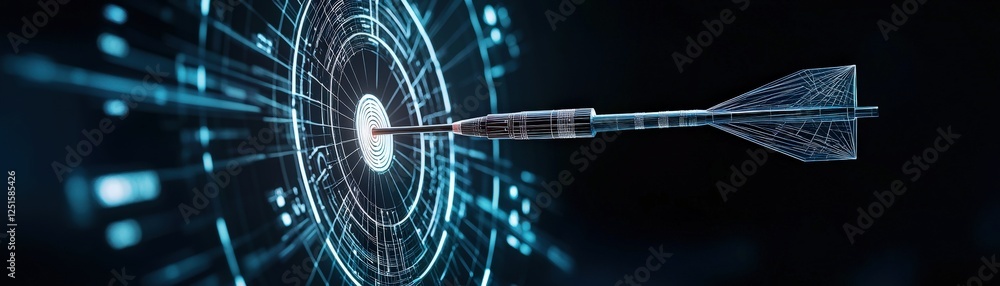 Poster a digital dart hitting a futuristic target, showcasing technology and precision in a visually striki