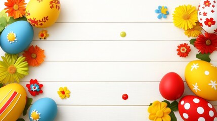 Colorful Easter Eggs and Flowers on White Wood Surface with Small Decorative Accents.