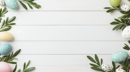 Colorful Easter Eggs and Green Leaves Border on White Wooden Table Top Background Design.