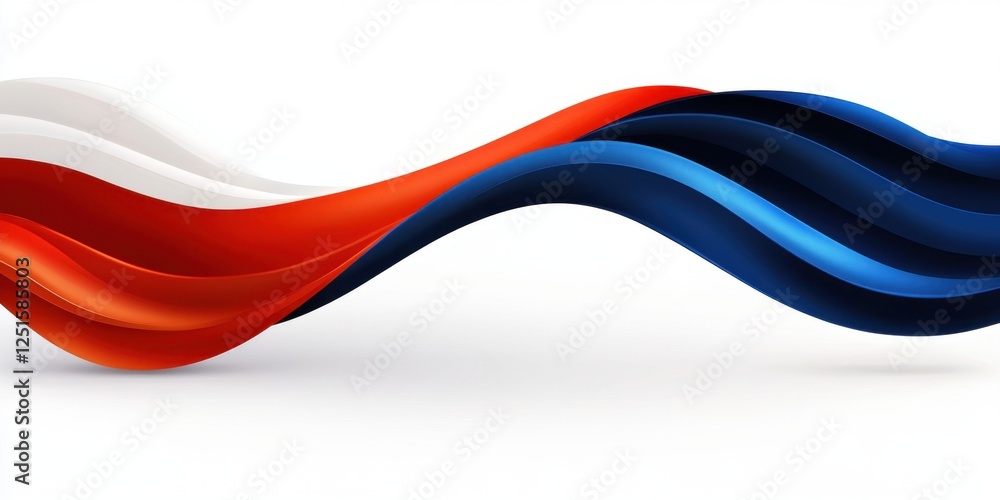 Poster dynamic flowing waves in red, white, and blue representing motion and fluidity in design