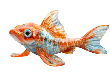 Fototapeta premium Colorful koi fish swimming in clear water. A detailed glass koi fish figurine featuring vibrant orange, blue, and white hues, symbolizing prosperity and elegance in decorative art.