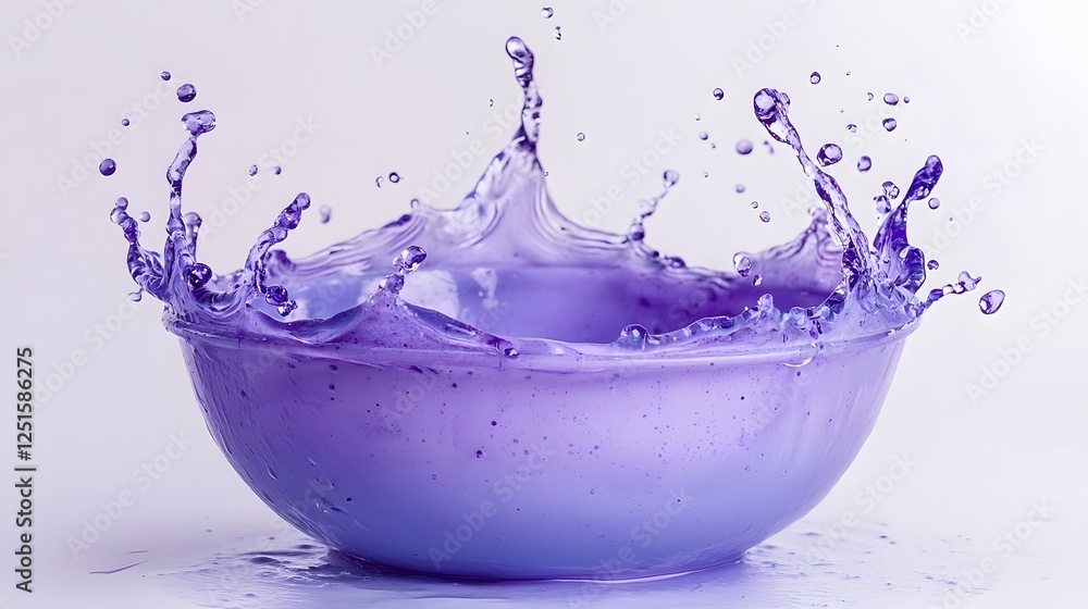 Poster elegant and dynamic purple fluid splash forming powerful waves and ripples on a vibrant colorful dig
