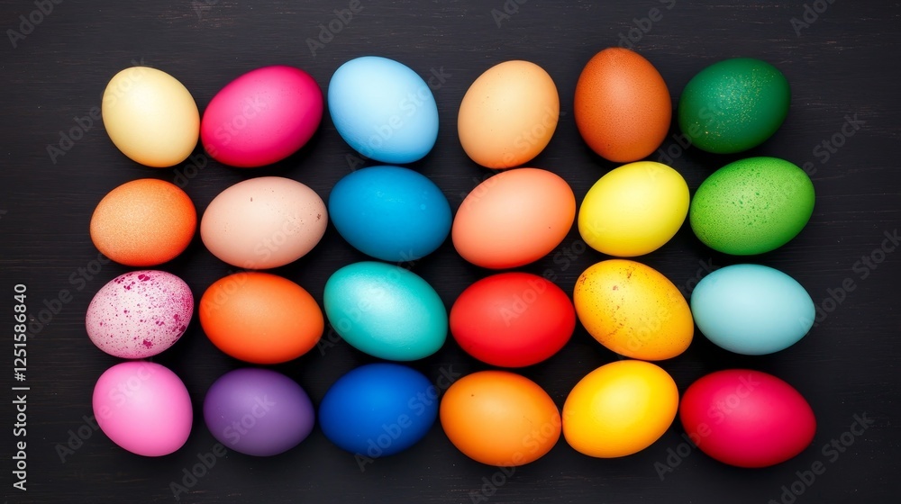 Poster colorful easter eggs arranged in a rectangular grid on a dark surface.