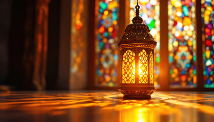 Illuminated Ramadan Lantern Against Stained Glass