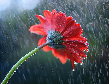 red flower with dew in rainy weather