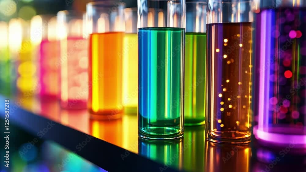 Poster glass laboratory test tubes containing colorful bubbling liquids are arranged on a dark surface, cre
