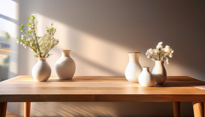 serene interior design featuring a wooden table elegant white vases and soft ambient lighting