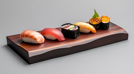 Delicious Sushi Selection on Dark Wood Platter AI Generated