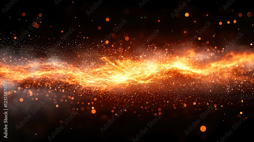 Poster bright orange cloud of gas and dust in space. the image is a close up of the cloud, with many small 