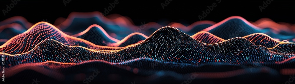 Poster a vibrant, abstract representation of digital mountains with glowing lines and dots, evoking a sense