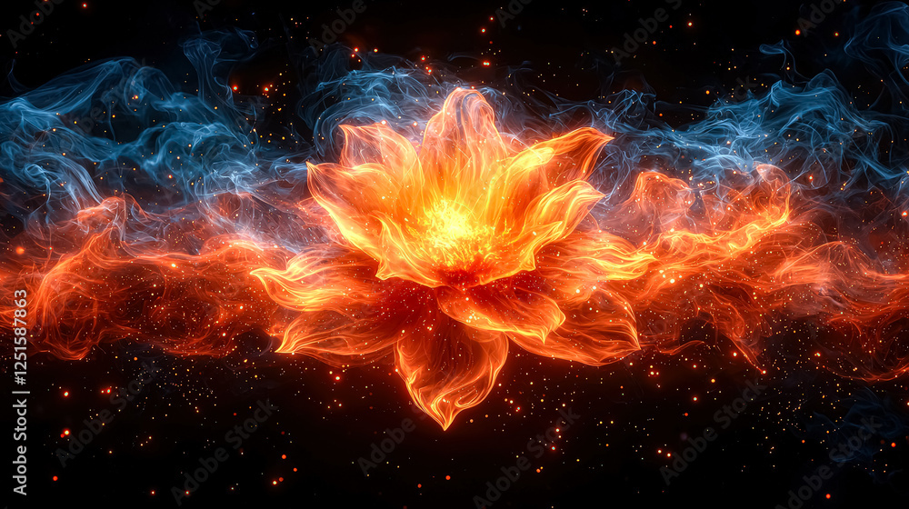 Poster bright orange cloud of gas and dust in space. the image is a close up of the cloud, with many small 