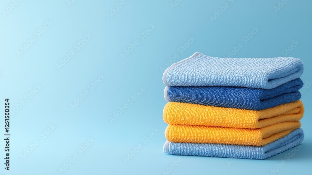 Poster stack of soft towels in bright colors on a light blue background for cleanliness and organization th