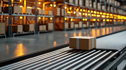 A single cardboard box on a conveyor belt in a well-lit warehouse, surrounded by shelves filled with packages.