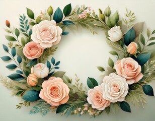 elegant floral wreath with pastel roses and green leaves