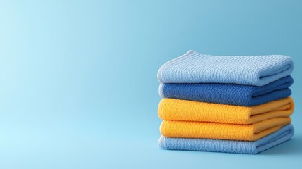 Stack of Soft Towels in Bright Colors on a Light Blue Background for Cleanliness and Organization Themes