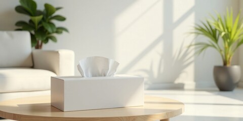 A clean white tissue box sits on a light wood table in a sunlit room, near a comfortable off-white couch and potted plants, creating a serene and calming atmosphere