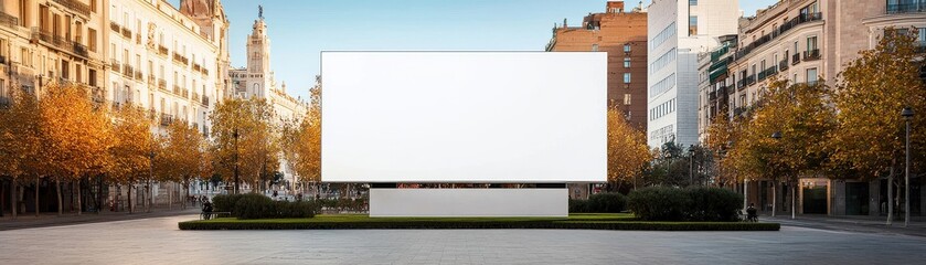 A modern blank billboard stands in an urban setting, surrounded by trees and buildings, under a clear blue sky.